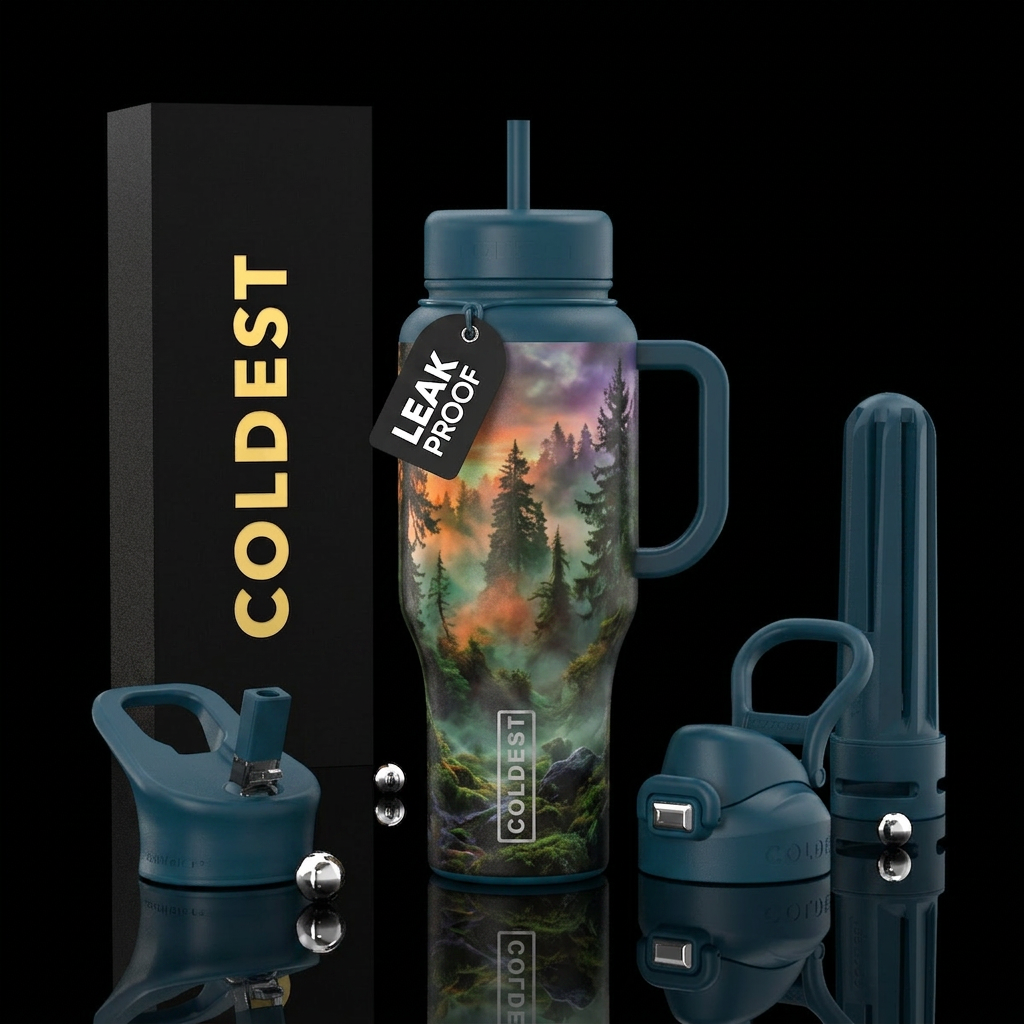 Realistic misty forr water bottle design