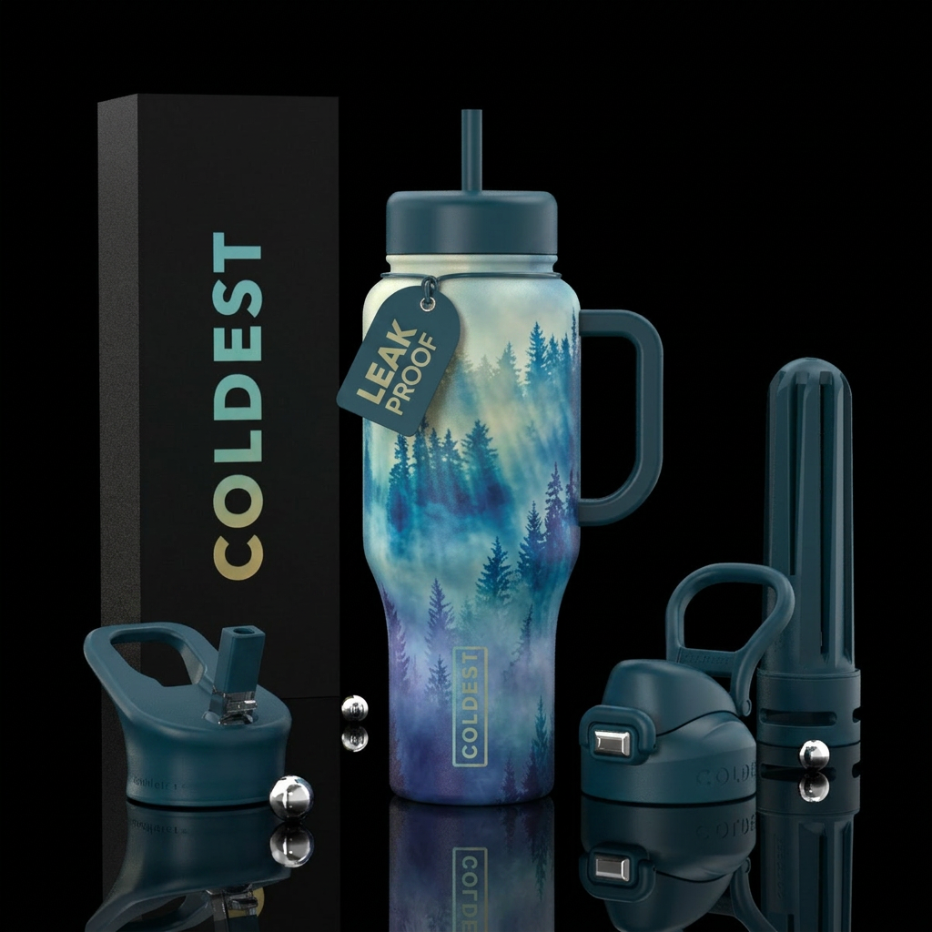 Realistic misty forr water bottle design