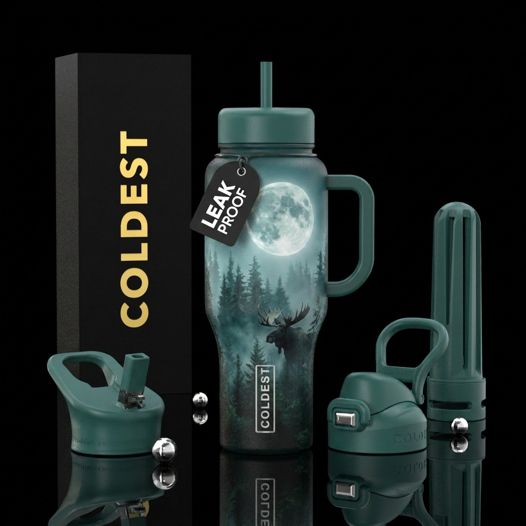 Misty Forrest with moose realistic moonlit water bottle design