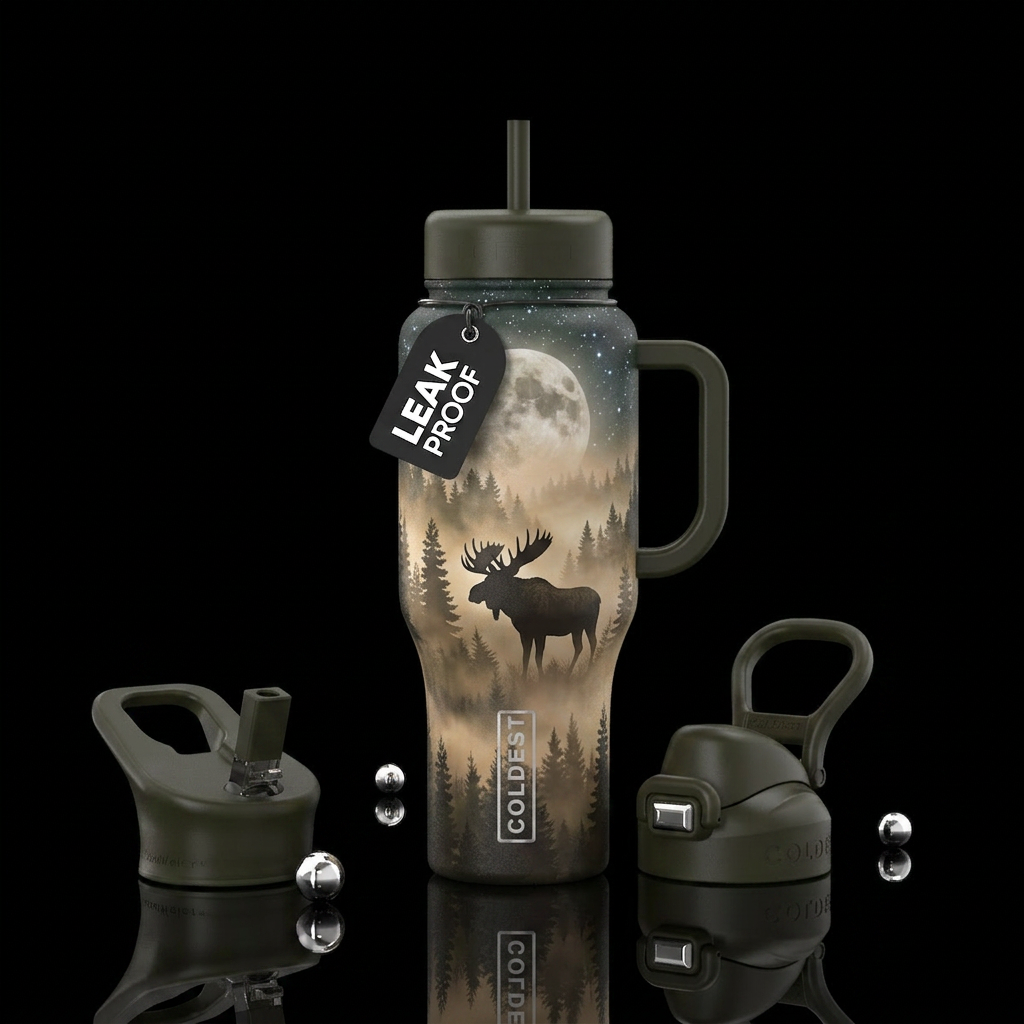 Misty Forrest with moose realistic moonlit water bottle design