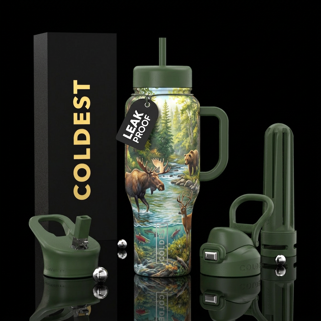 Realistic moose, bear, deer, salmon at a river in ... water bottle design