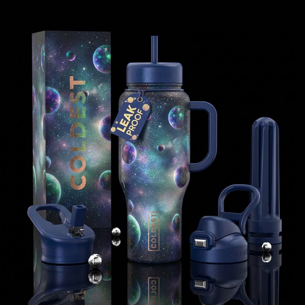 sparkly, glowie, foggy morning, planets water bottle design