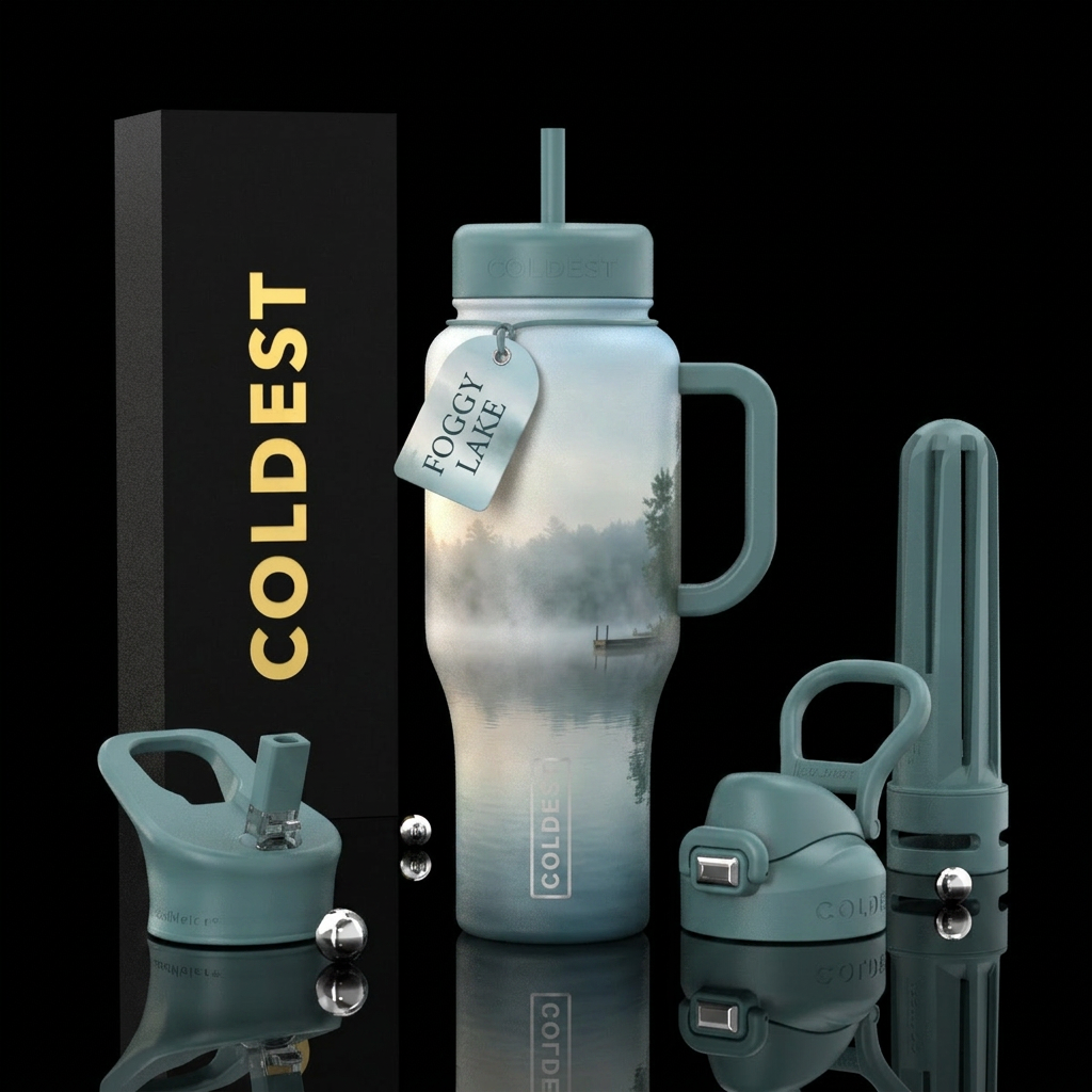 Foggy morning on a lake water bottle design
