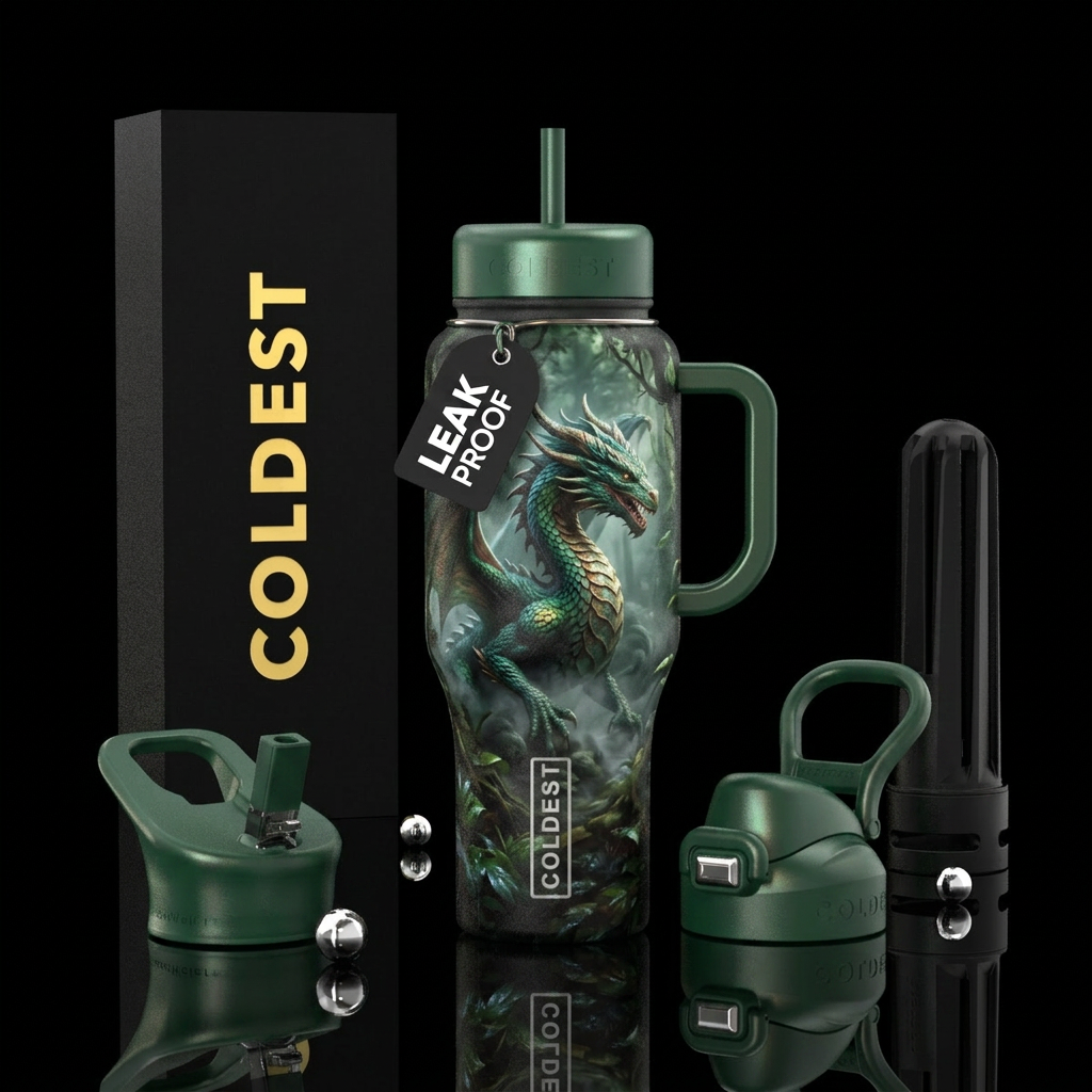Realistic dragon popping off the cup in a misty fo... water bottle design