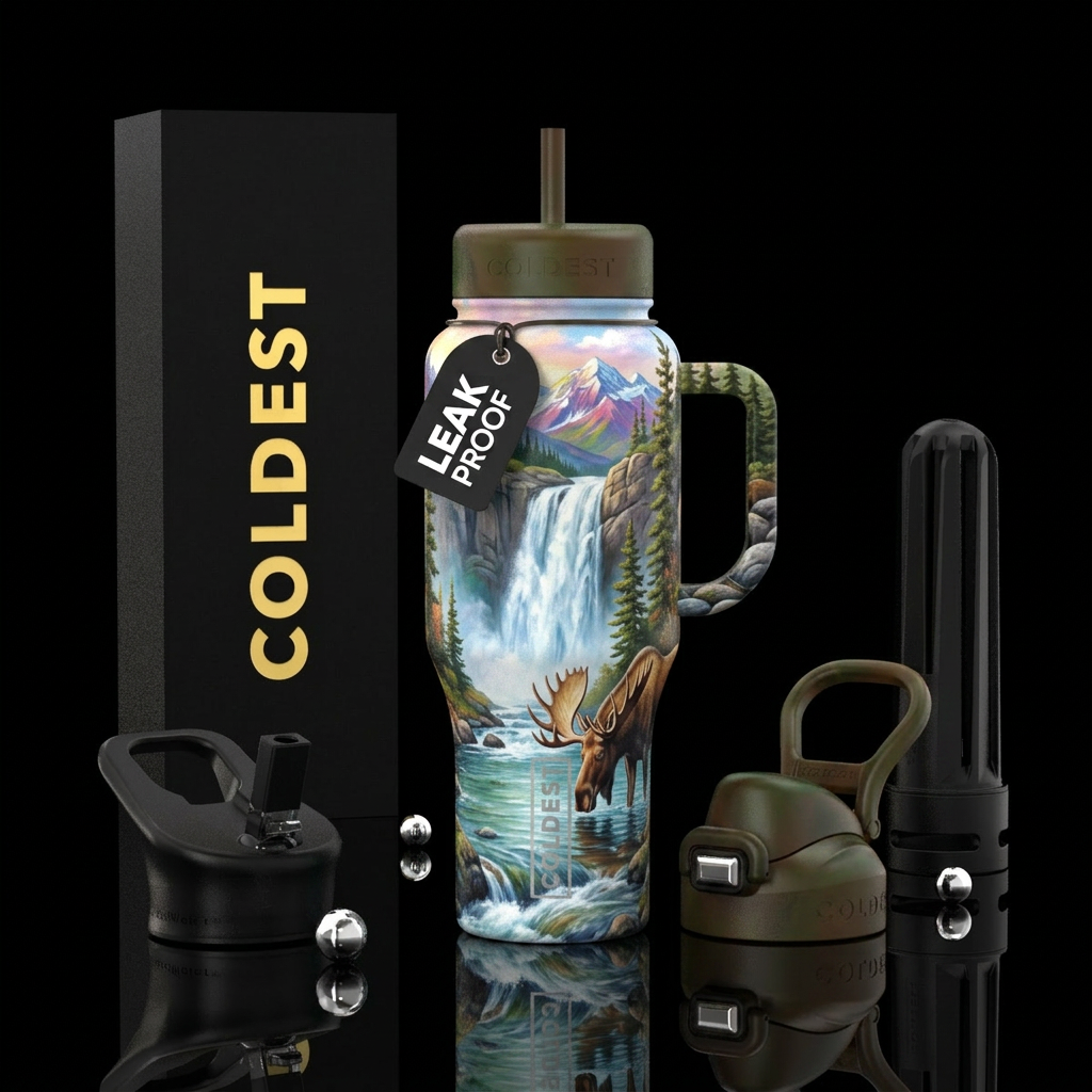 Realistic waterfall with moose at the side of the ... water bottle design