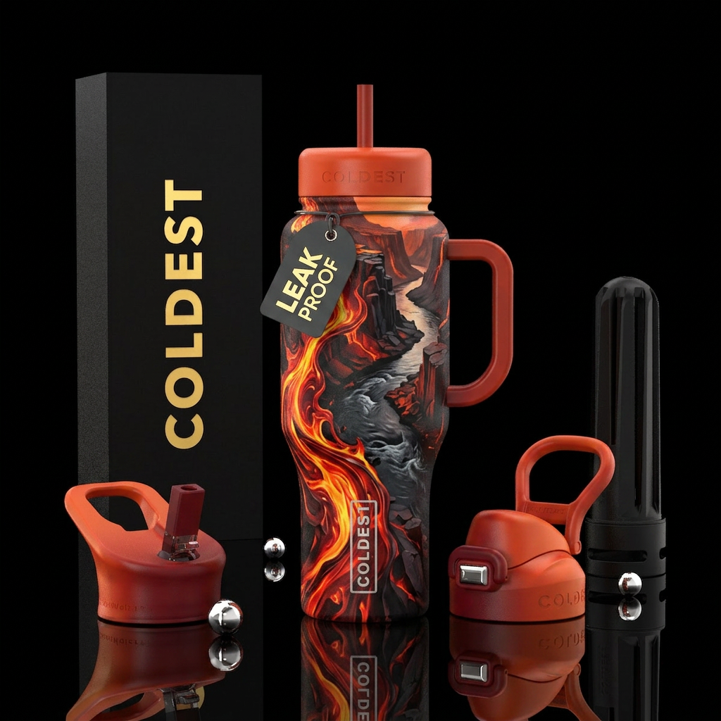 Fiery, edgy, rivers edge water bottle design