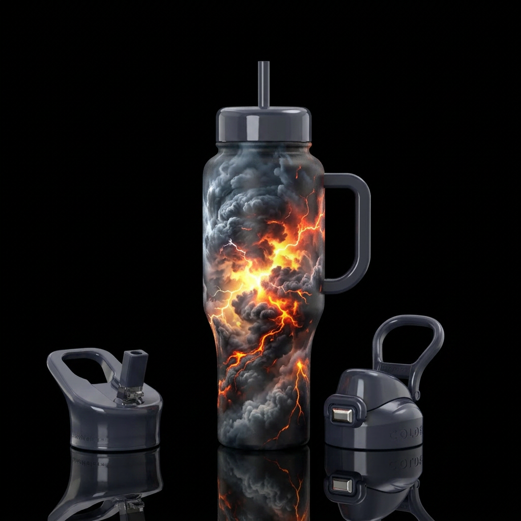 thunderstorm, glowie, realism, vibrant, clouds, ex... water bottle design