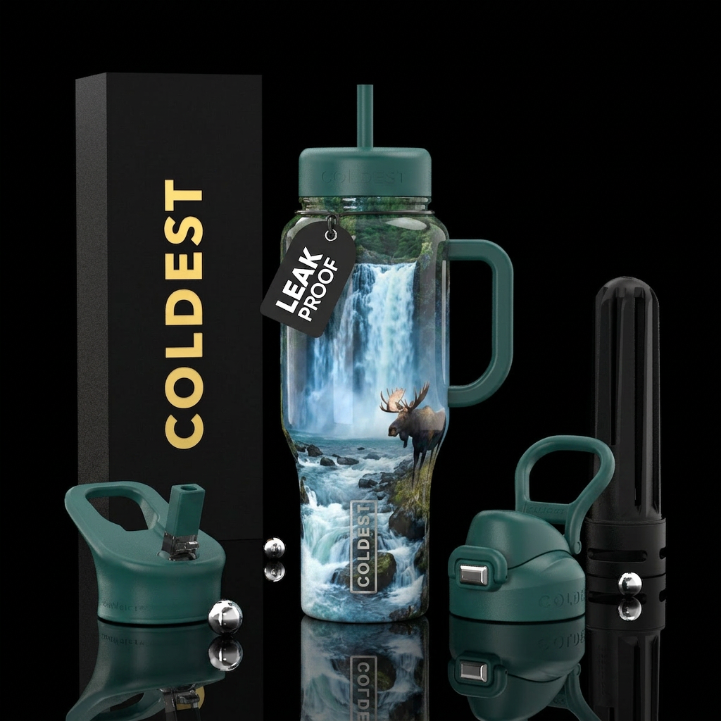 Realistic waterfall with moose at the side of the ... water bottle design