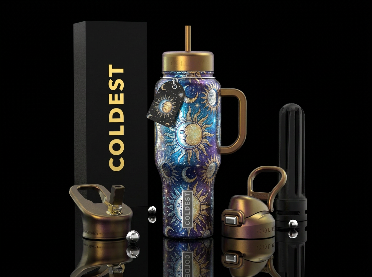 shiny, glowie, sparkly sun and moon water bottle design