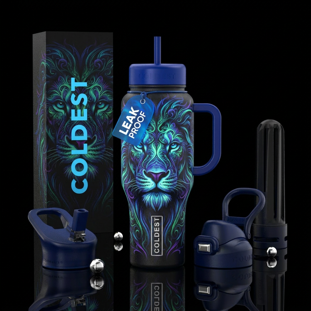 haunted, darkness, dark mood, glowie, lion water bottle design