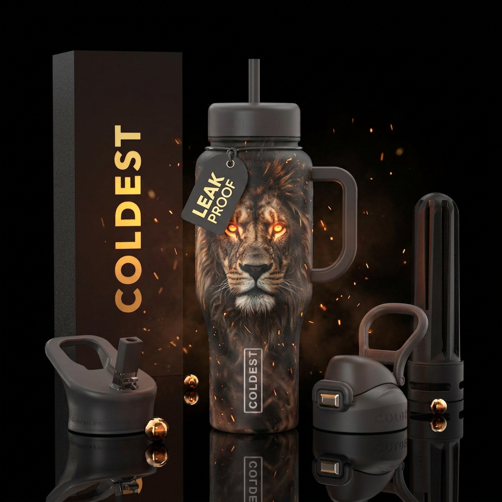 darkness, dark mood, glowie, embers, lion, realist... water bottle design