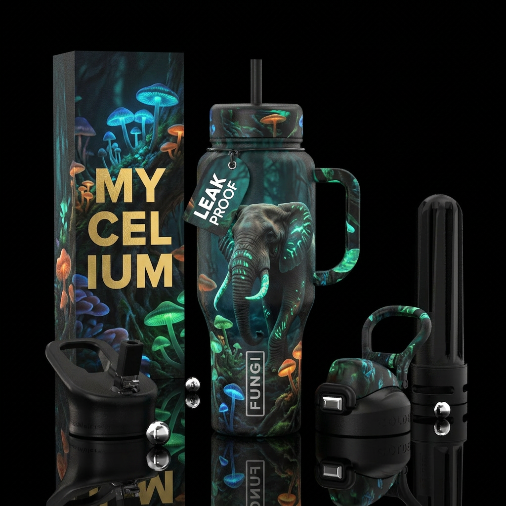 elephant, realism, mushroom forest, glowie, dark m... water bottle design