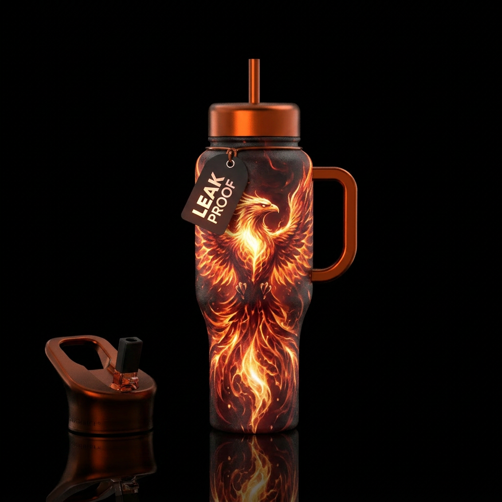 glowie, firery, dark mood, darkness, phoenix water bottle design