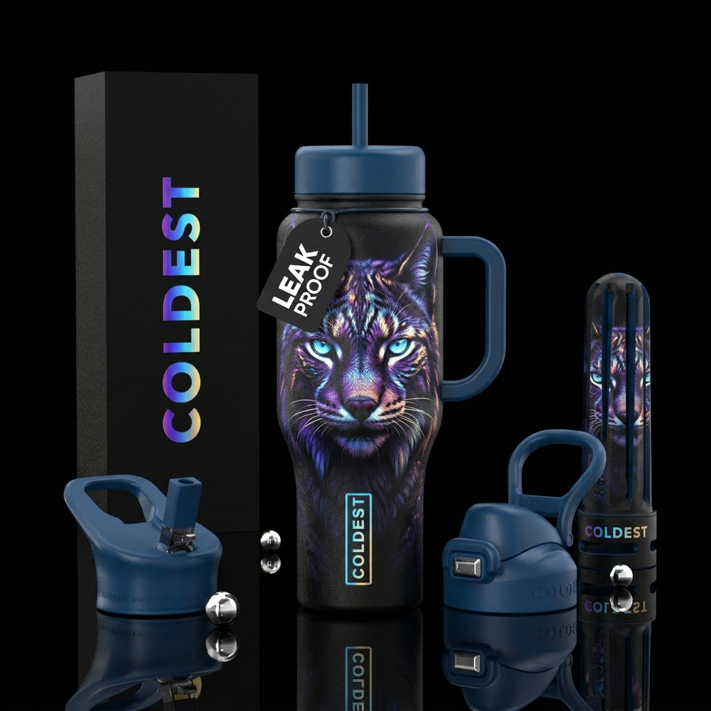 dark mood, darkness, glowie realistic lynx water bottle design