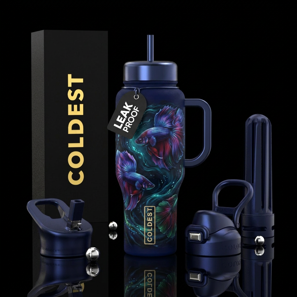 realism, betta fish, glowie, dark mood water bottle design