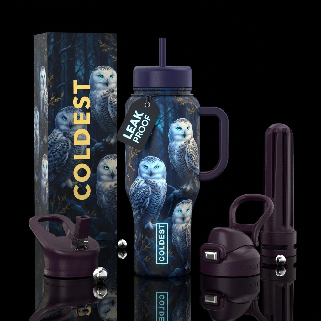 Snow owls, realism, glowie, beautiul, dark mood, d... water bottle design