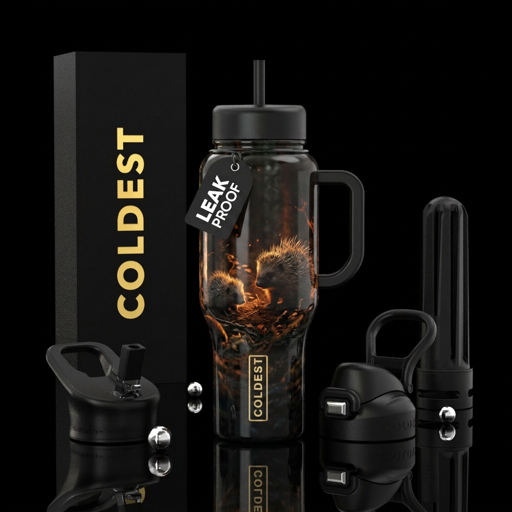 darkness, dark mood, firery, realism porcupine bab... water bottle design