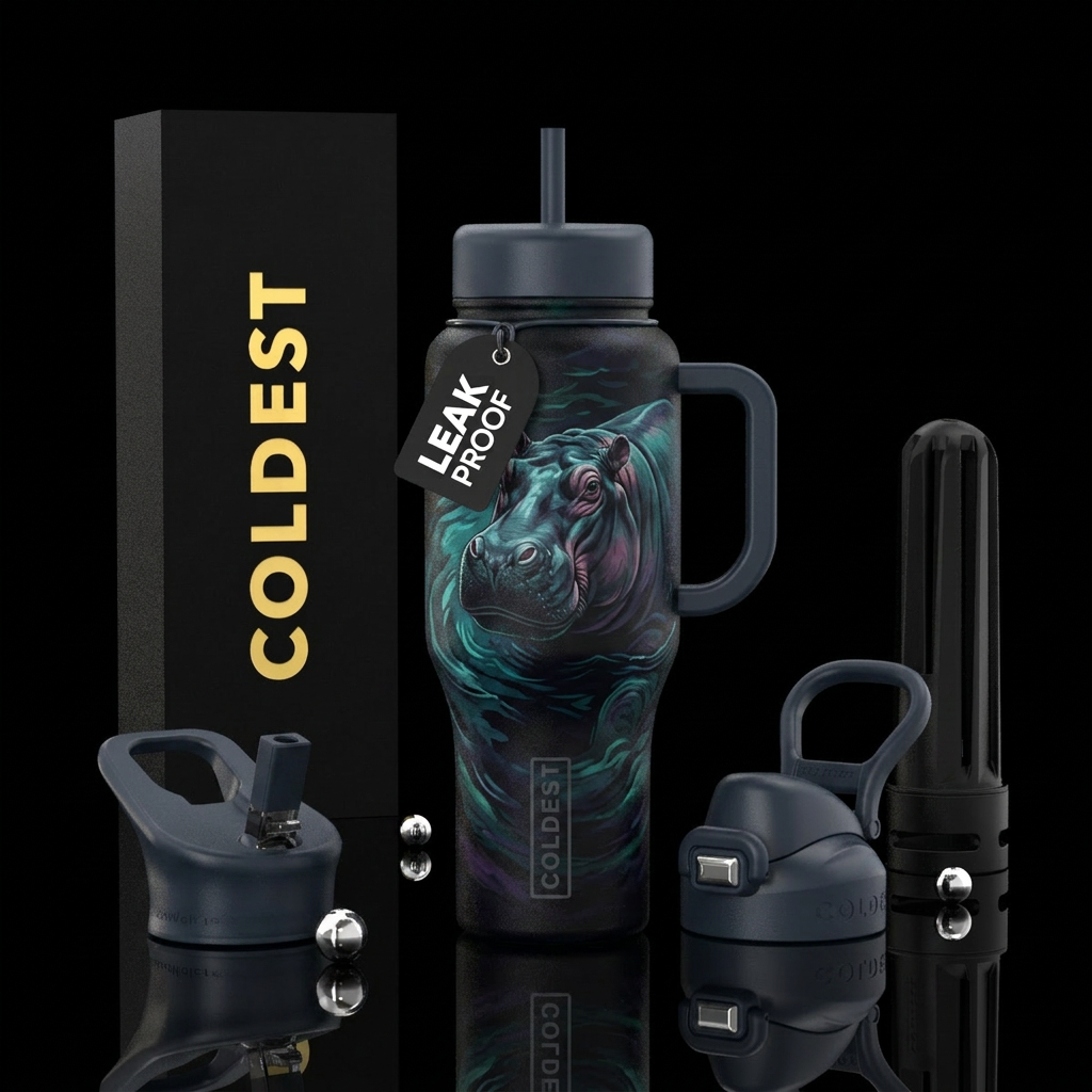 hippo, realism, dark mood, darkness water bottle design