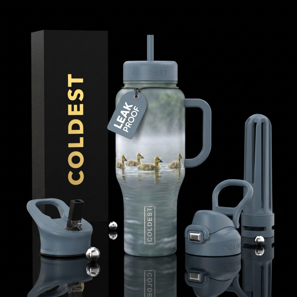 Baby geese in a pond with morning fog water bottle design