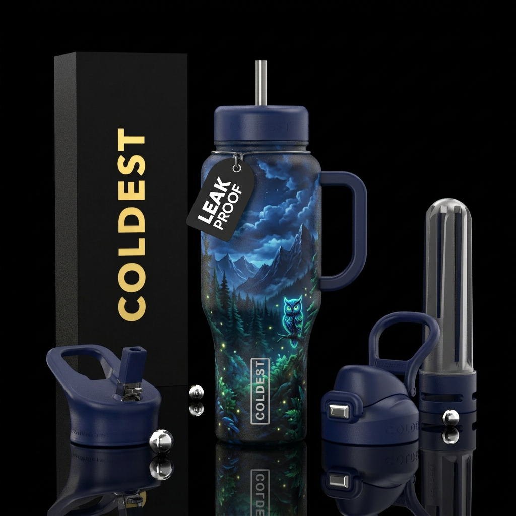 mountains, wild, owl, glowie, clouds, rustic, dark... water bottle design