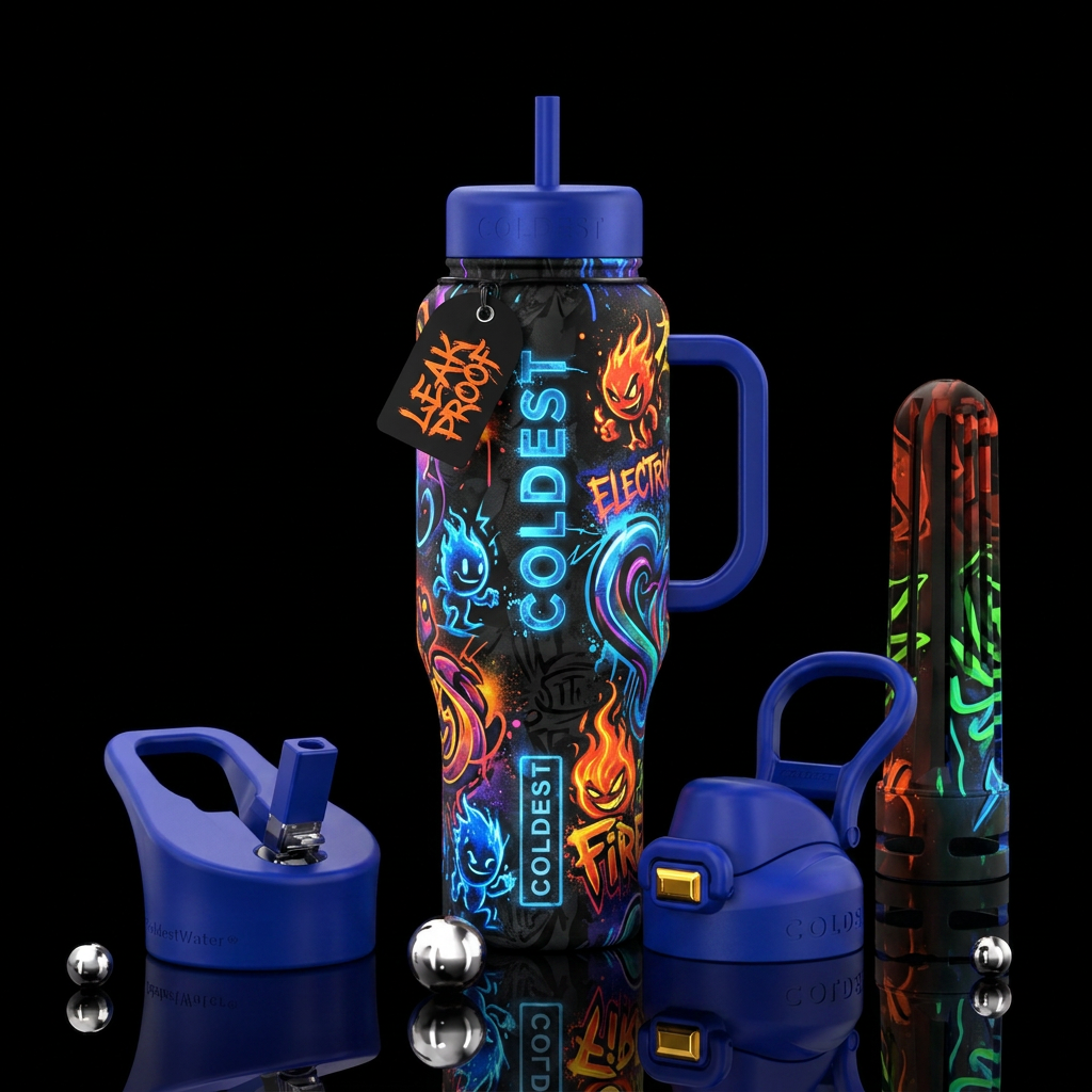 electric, firery, dark mood, whimsical graffiti water bottle design
