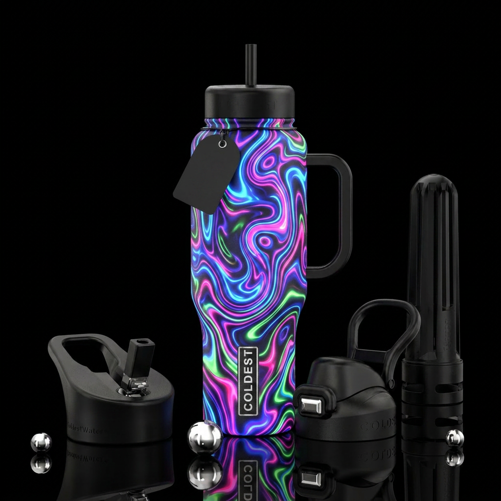 psychedelic, neon, whimsical, electric, magical water bottle design