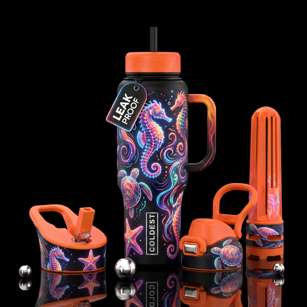 seahorse, glowie, dark mood, firery, electric,  ph... water bottle design