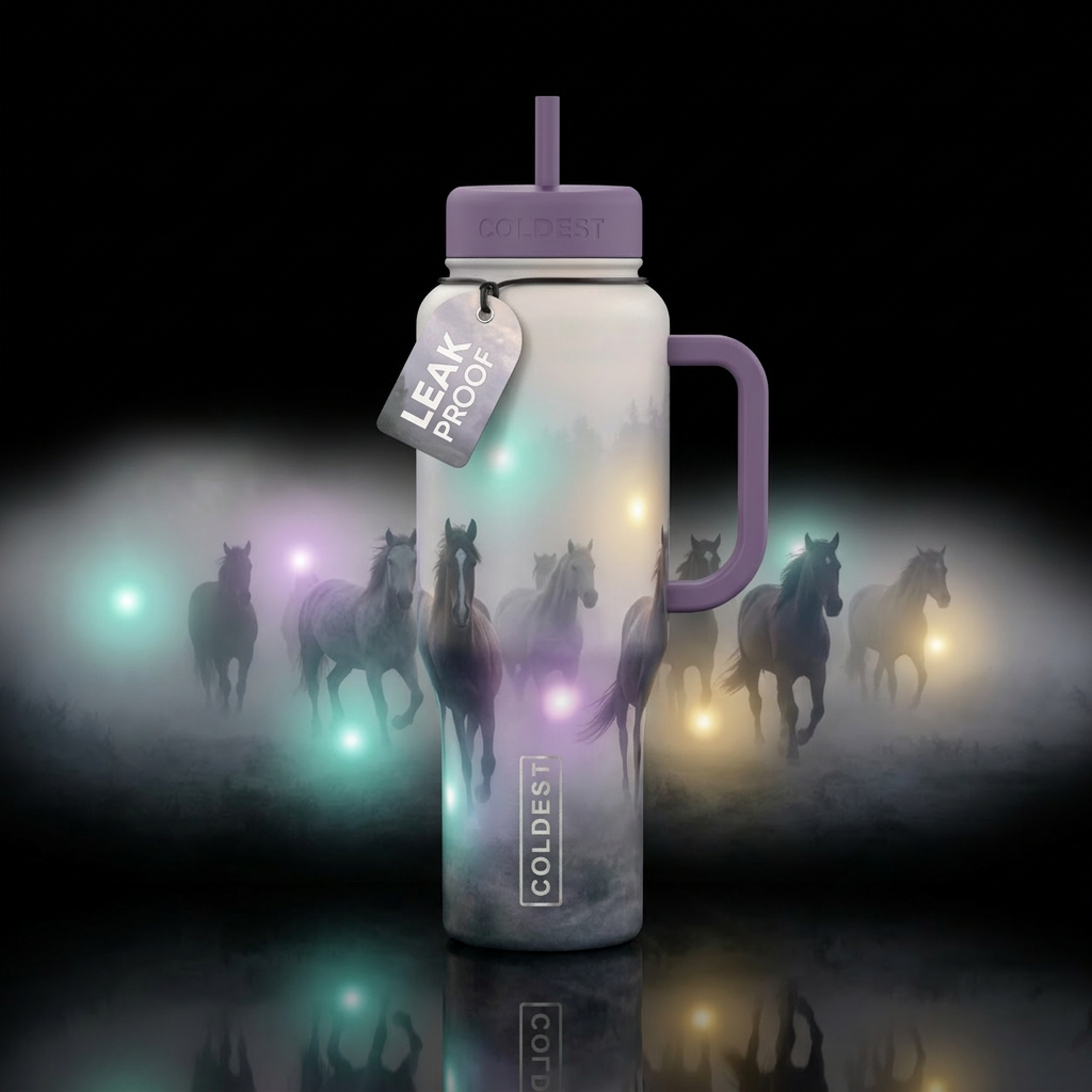foggy morning, wild horse, glowie, whimsical, magi... water bottle design