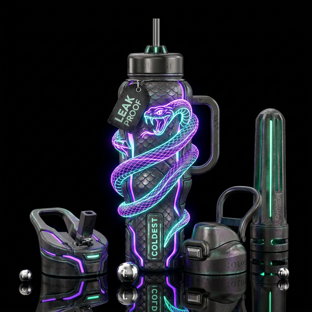 snake, post-apocalyptic, glowie, electric, dark mo... water bottle design