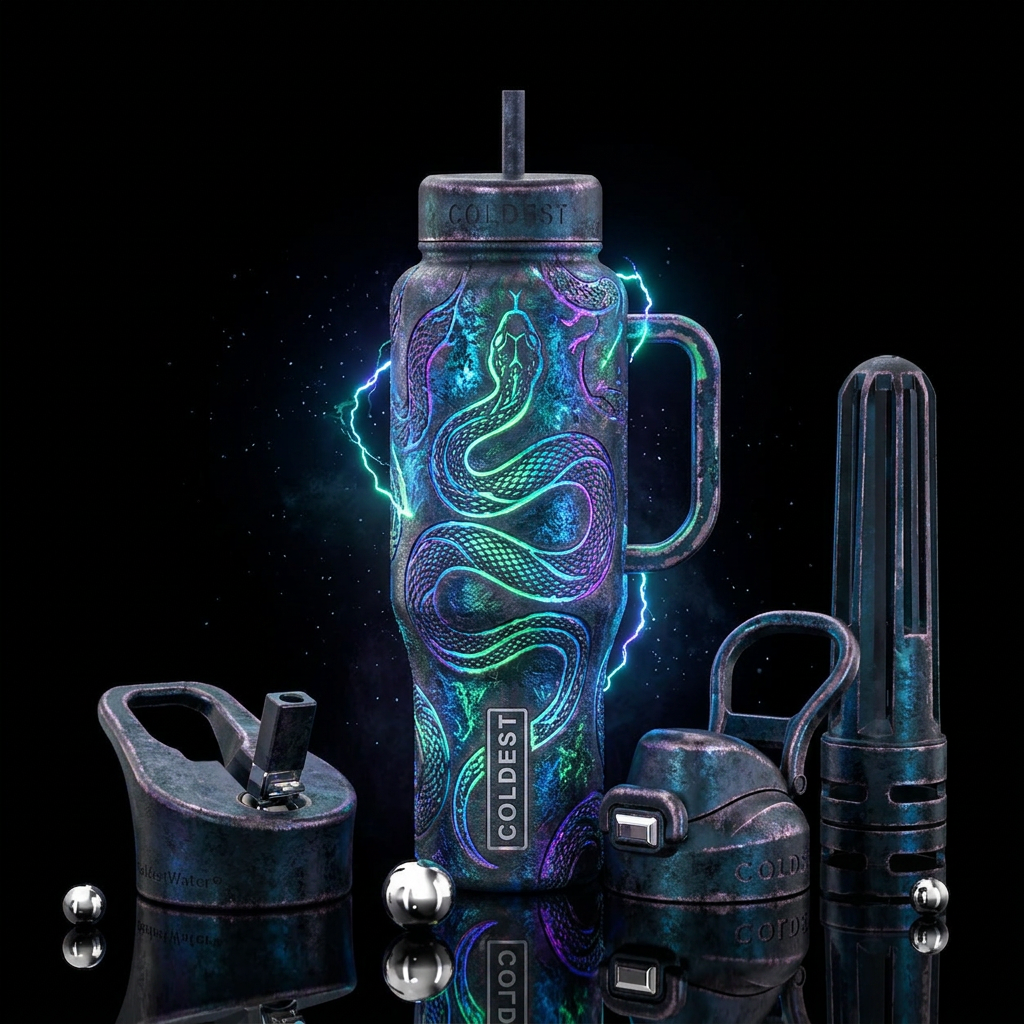 snake, post-apocalyptic, glowie, electric, dark mo... water bottle design