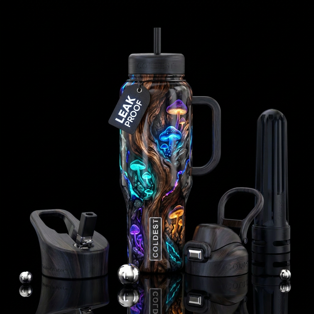 wood grain, cave, glowie, dark mood, darkness water bottle design
