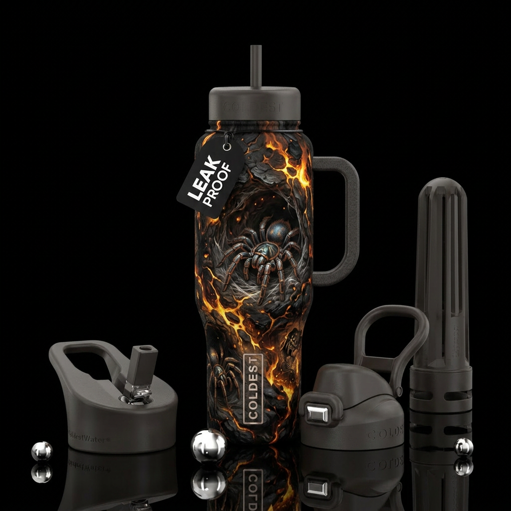 Trap door spiders, magical, firery, darkness water bottle design