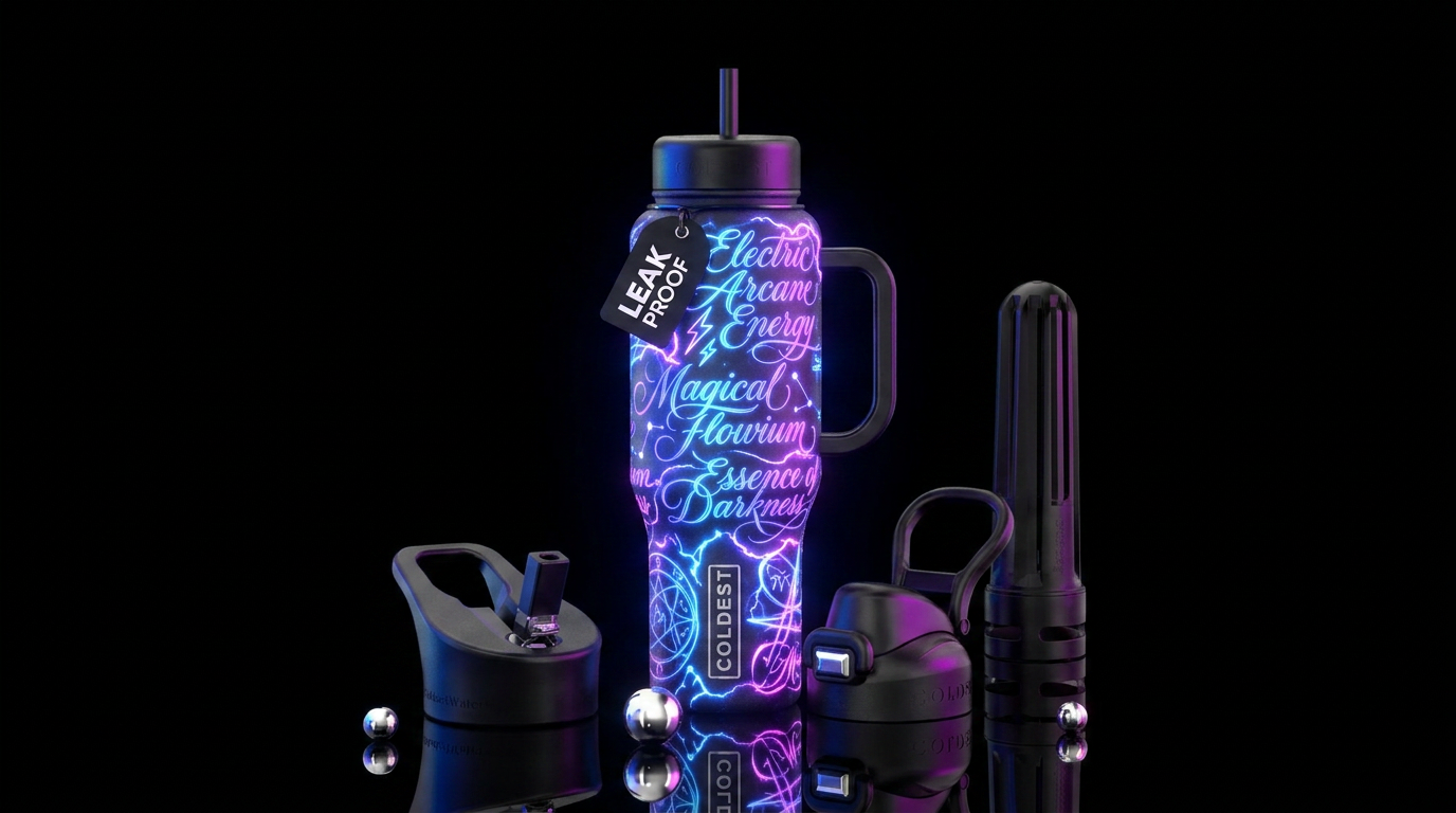 calligraphy, glowie, shiny, magical, electric, dar... water bottle design