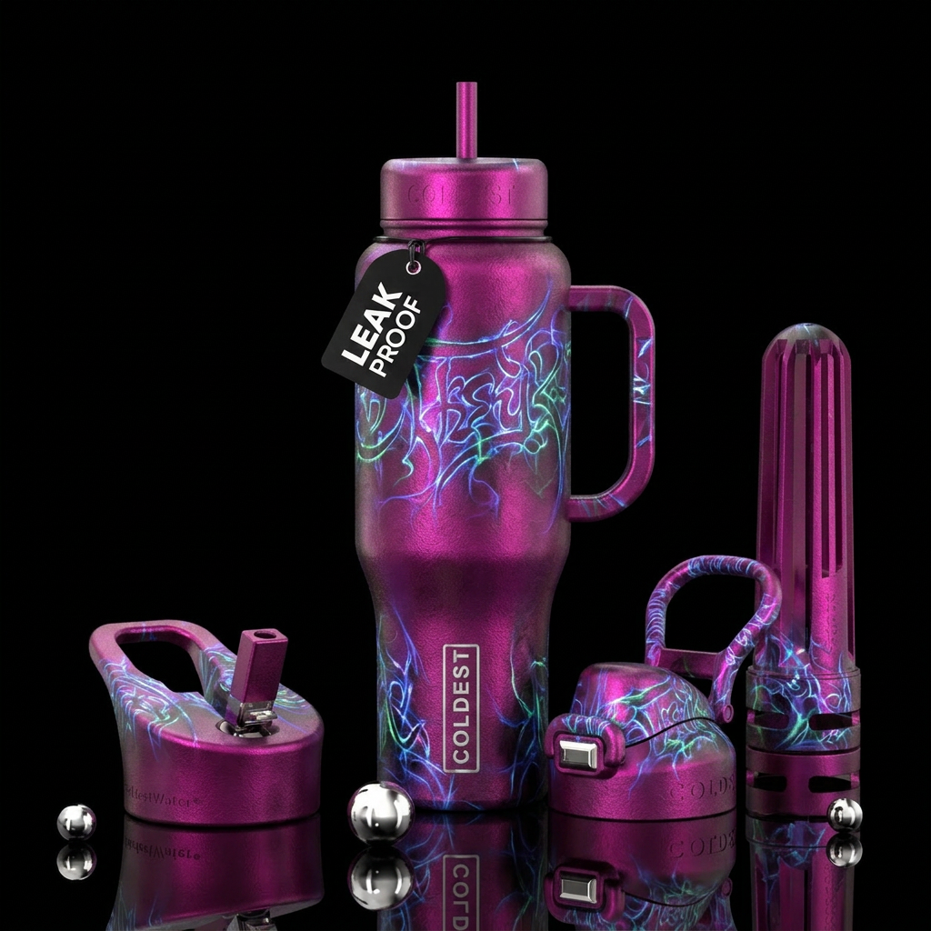 calligraphy, glowie, shiny, magical, electric, dar... water bottle design