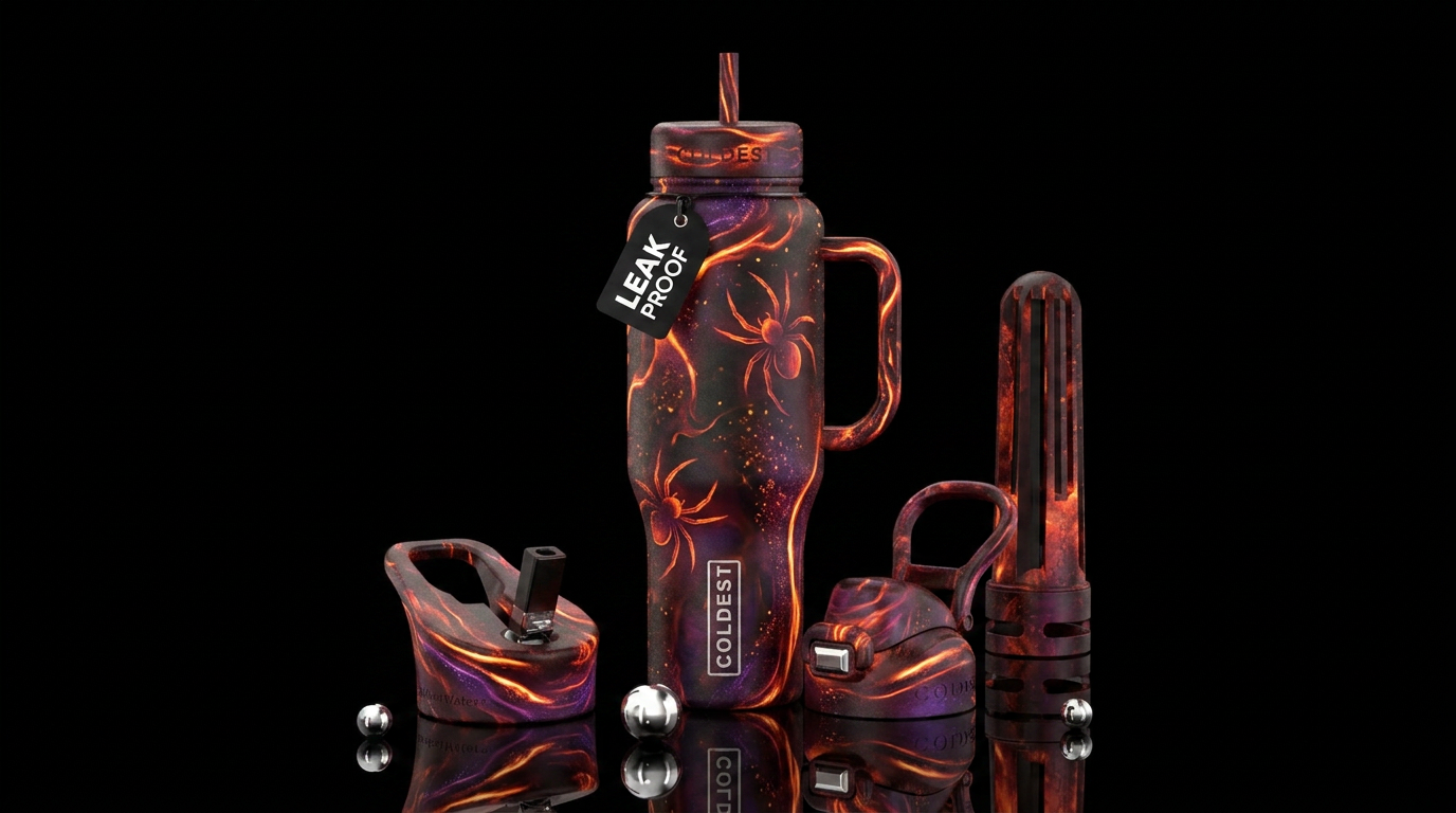 Trap door spiders, magical, firery, darkness water bottle design