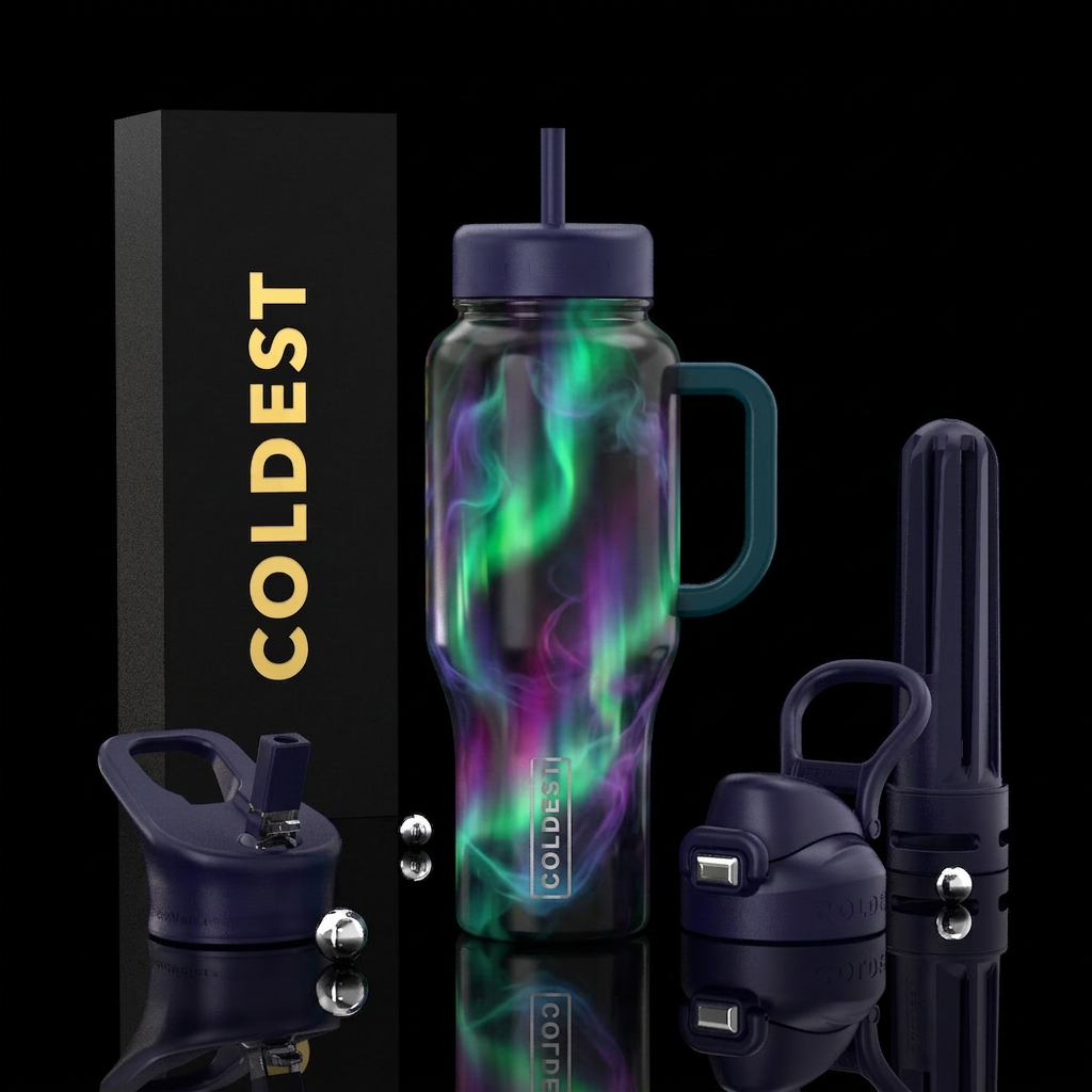 Aurora borealis glowie smoke swirled on a black bo... water bottle design