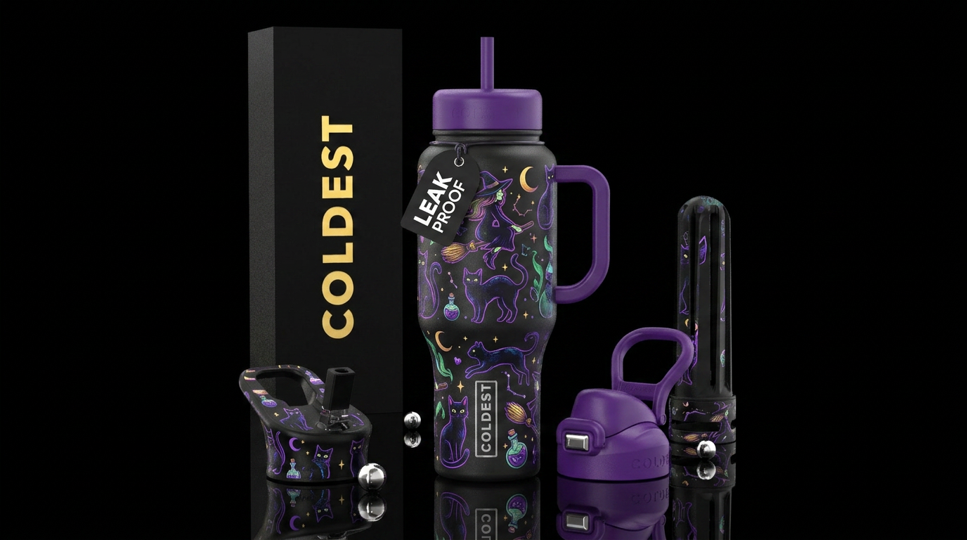 Black cats and witches water bottle design