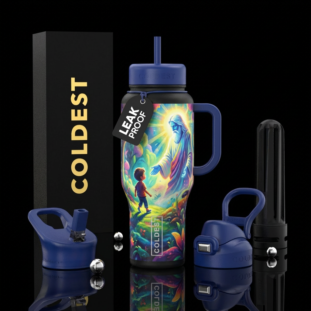 A kid walks by god water bottle design