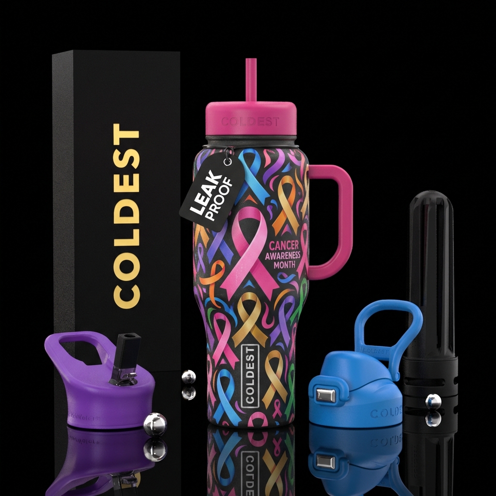 Cancer awareness month water bottle design