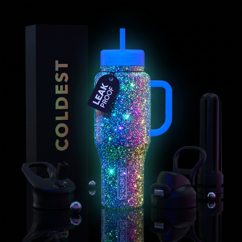 Low in the dark glitter water bottle design