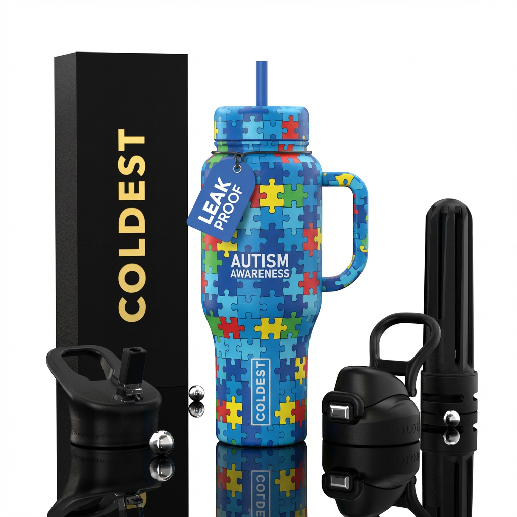 Vibrant ocean blue background with "austim awarene... water bottle design