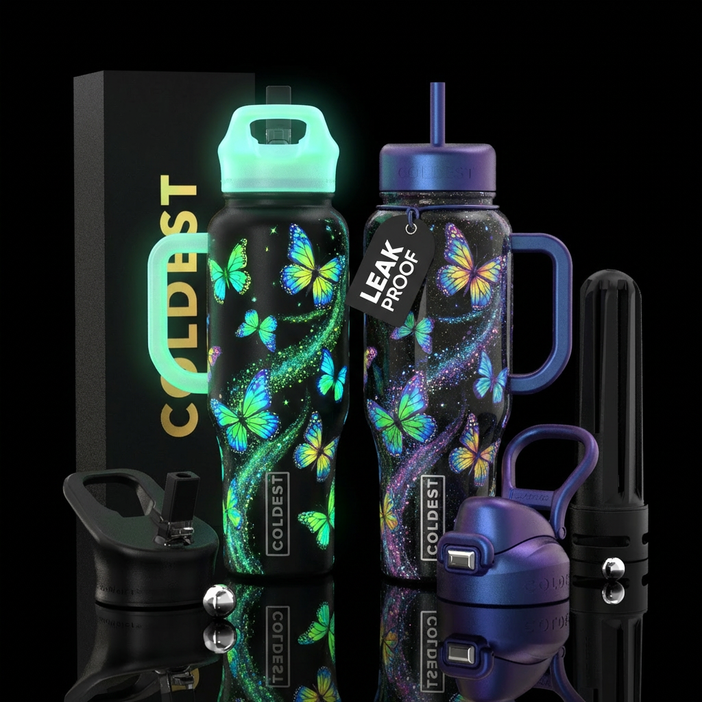 Glow in the dark butterflies, fluorescent, vibrant... water bottle design