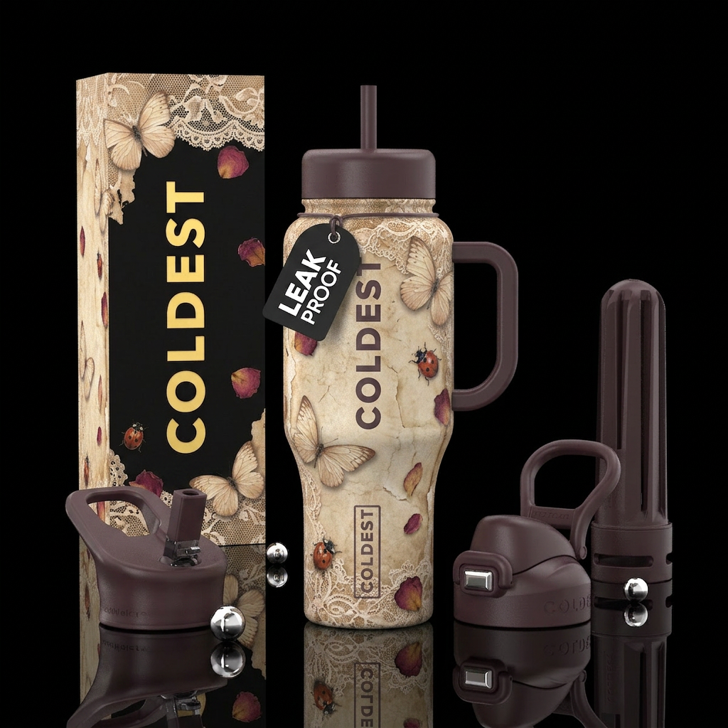 GLOWIE beige fancy butterflies and ladybugs on a r... water bottle design