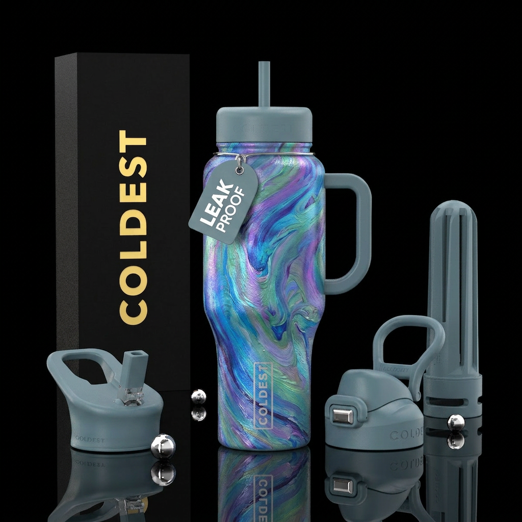 Iridescent oil spill rainbow in blues and sage in ... water bottle design