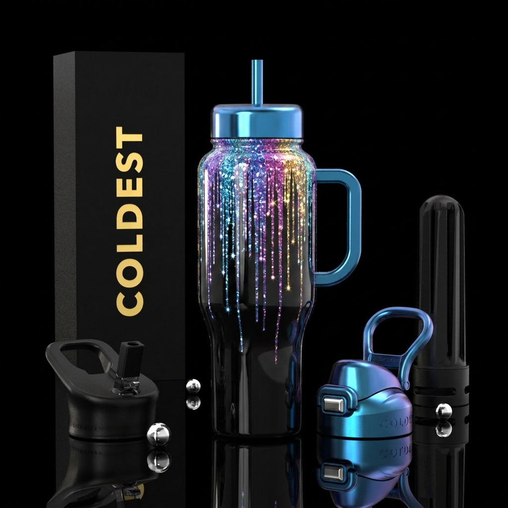 Glittery shimmers falling down in optical illusion... water bottle design