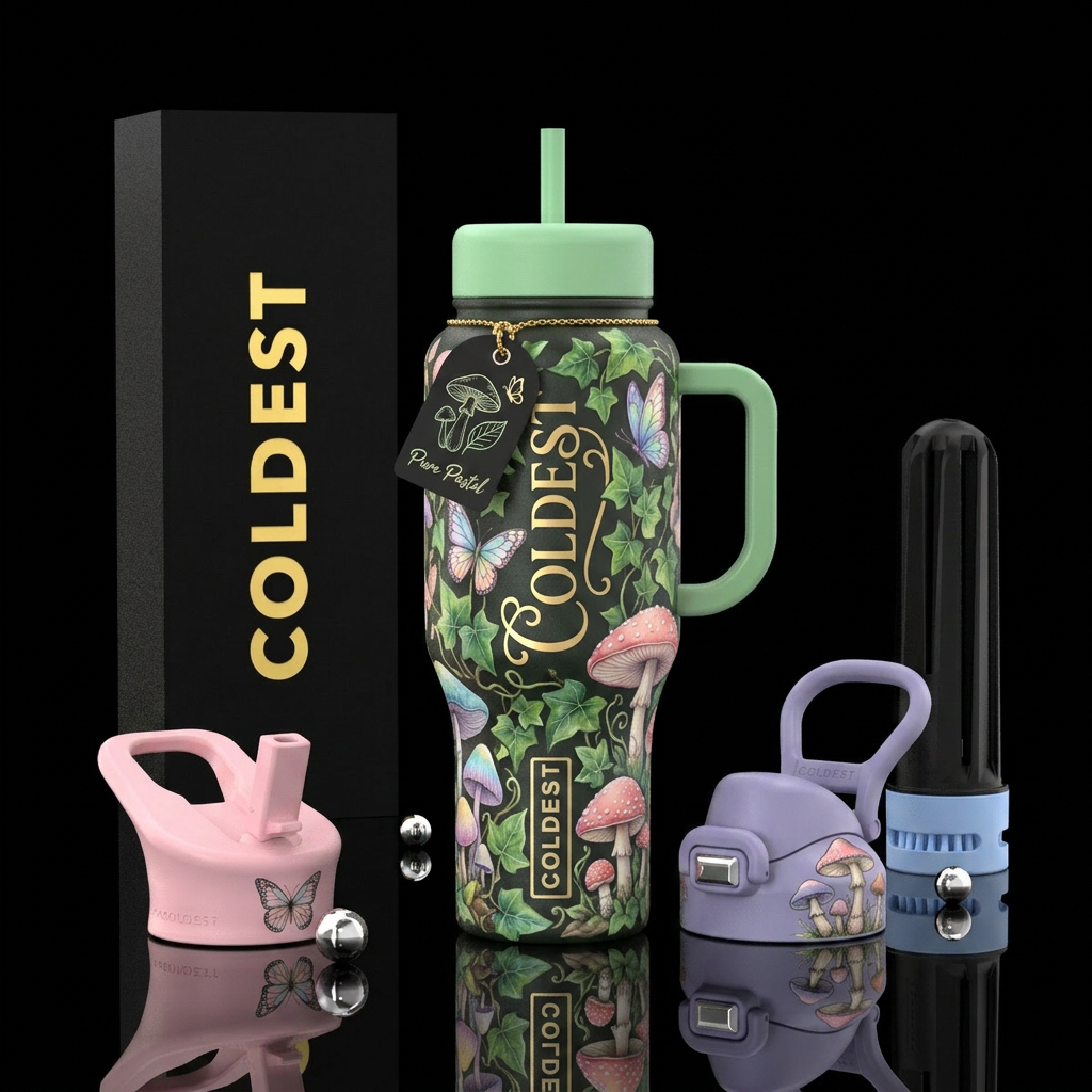 Ivy leaves and forest mushrooms in a pastel bloom,... water bottle design