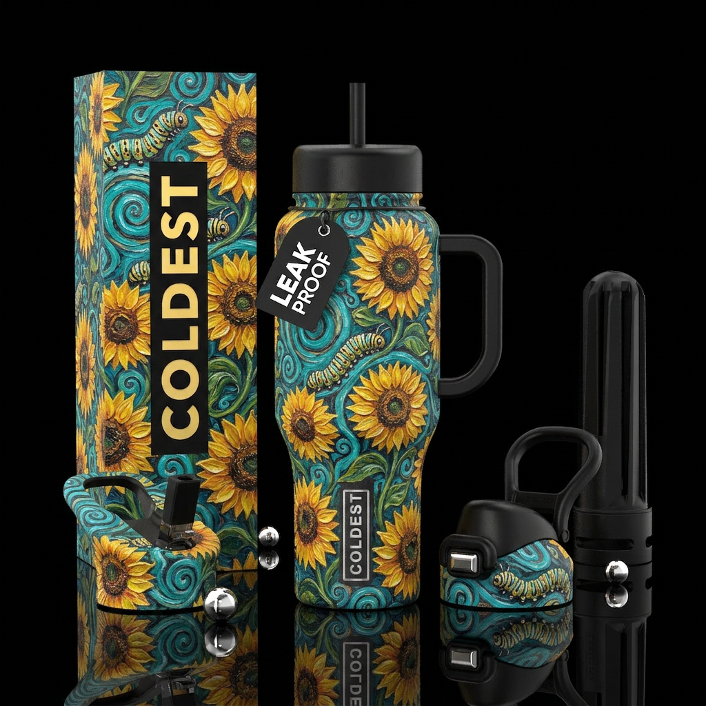 sunflower, caterpillar, turquoise, hypnotic, oil p... water bottle design