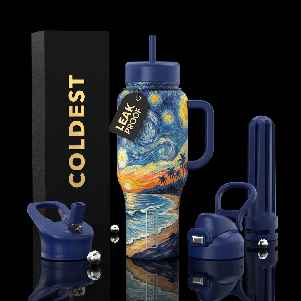 Starry Night inspired beach scene during sunset water bottle design