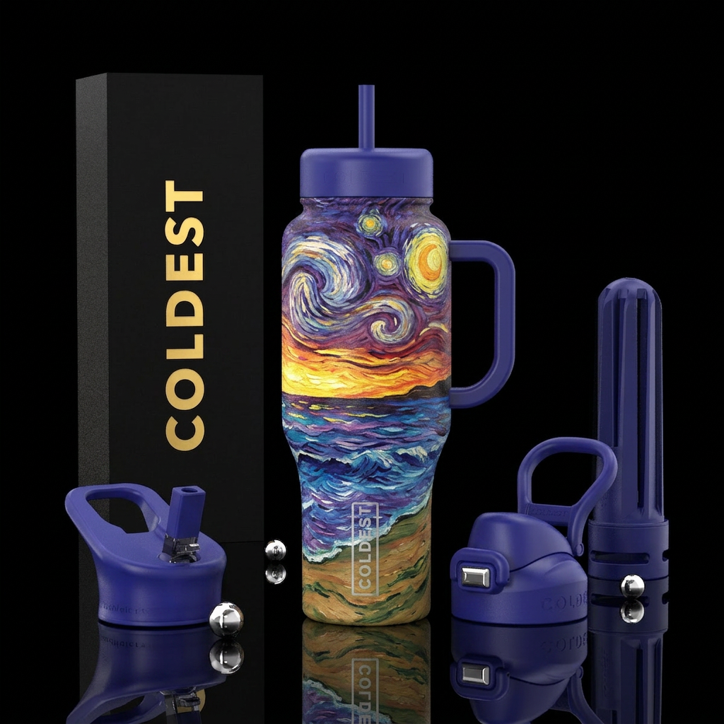 Van Gough inspired beach scene during sunset water bottle design