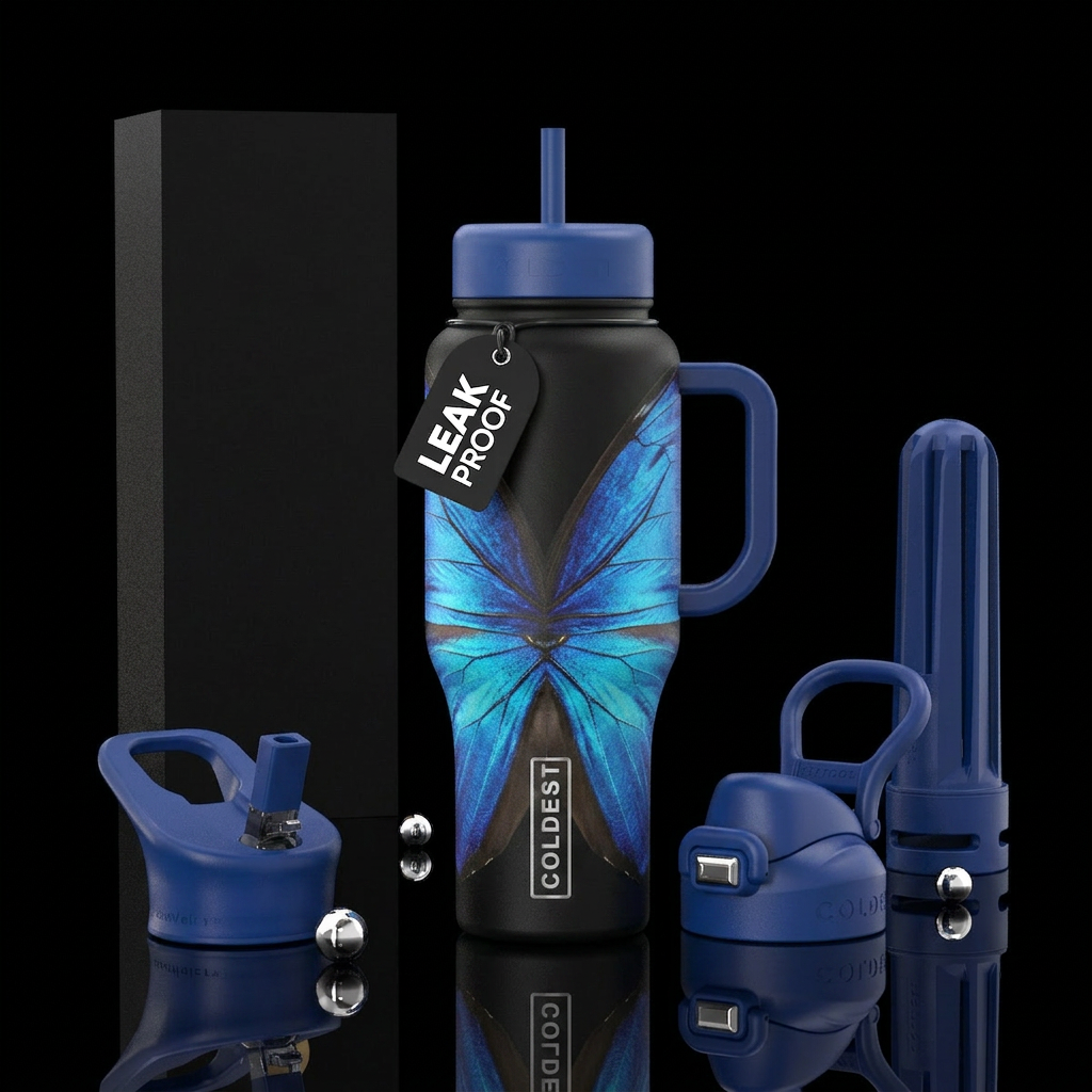 Enlarged very detailed half of a blue morpho butte... water bottle design
